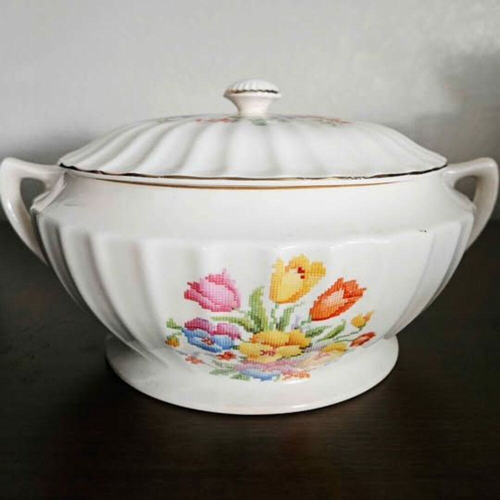 Vintage 1938 Edwin M Knowles Covered Vegetable Bowl Tureen Cross Stitch Floral